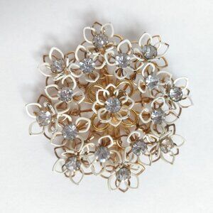 Vintage Kramer NY Signed White Rhinestone Flower Gold Tone Brooch Pin Vtg 2 3/8"